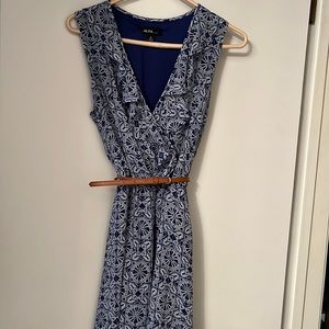 Blue and white fit and flare dress with belt size 12.